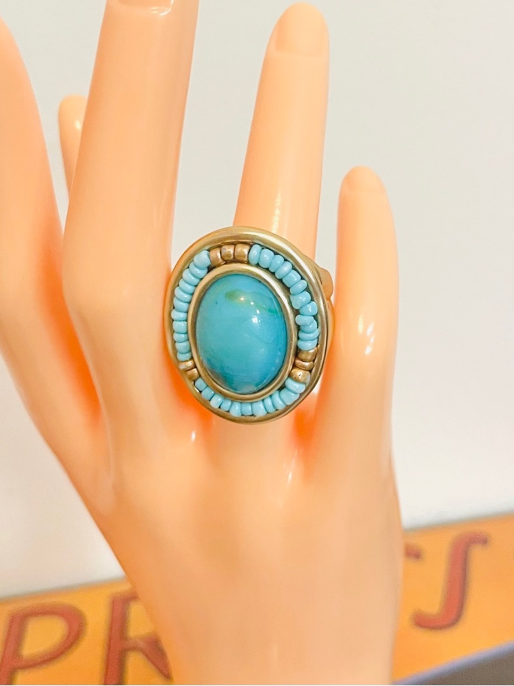 Faux Turquoise Oval Beaded Gold Tone Statement Cocktail Ring Boho Southwestern